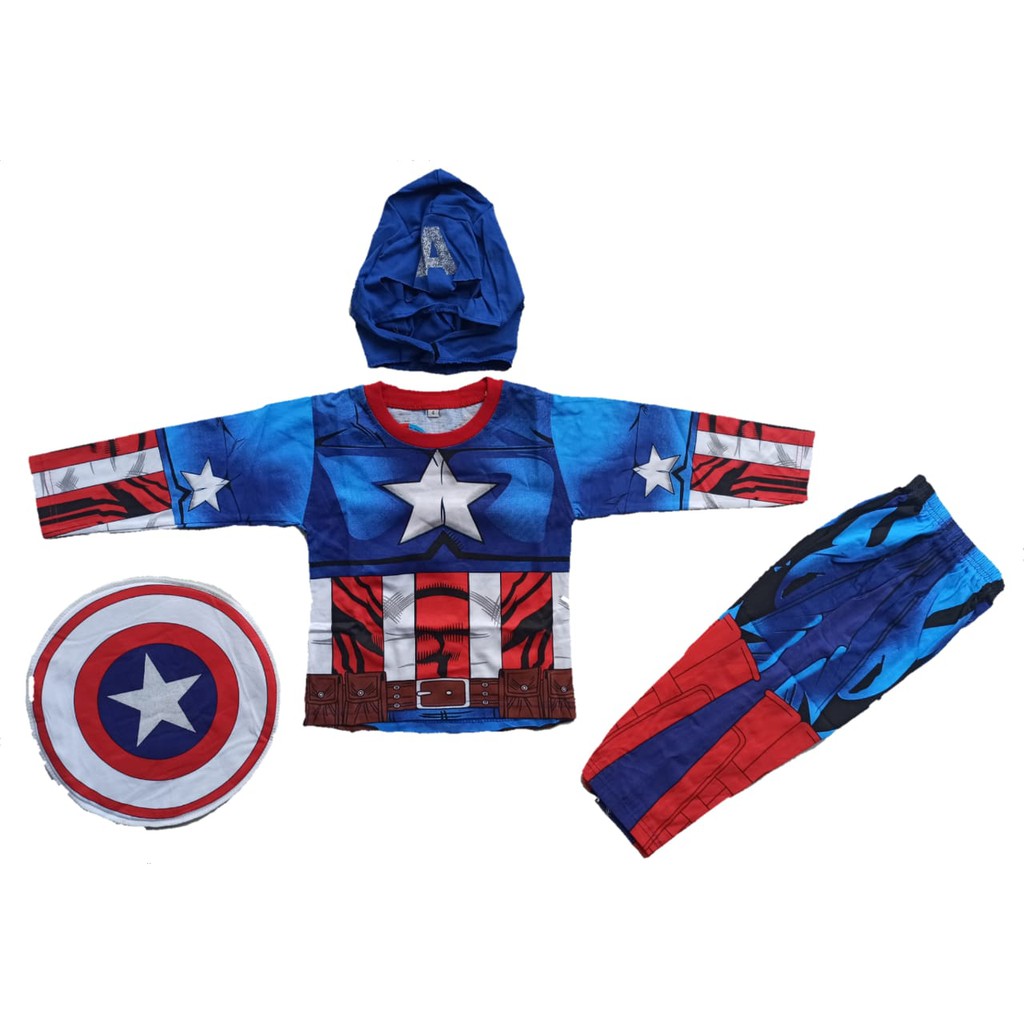 Kostum Anak Captain Amaerica IV Full Print Baju Karakter Superhero Setelan Panjang Ulang Tahun