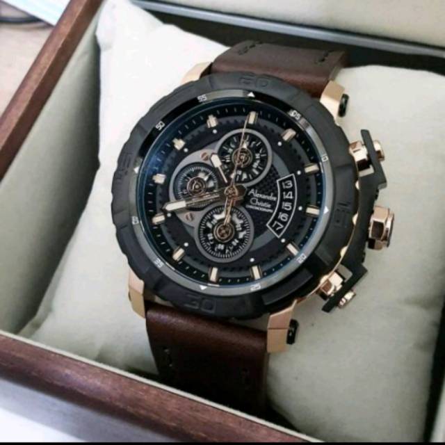 Jam Tangan Pria Alexandre Christie AC6439 brown gold Leather Original