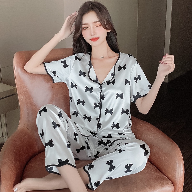 PIYAMA SATIN RIBBON WANITA KOREA IMPOR BAJU TIDUR IMPORT BAJU SETELAN SANTAI DAILY