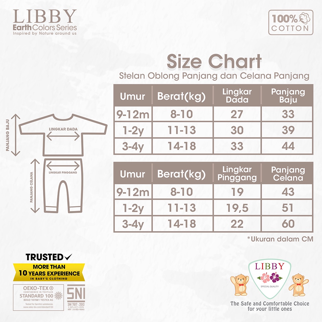 LIBBY FAVE SET Stelan Oblong Panjang 9 Bulan - 4 Tahun (1stel/pack) (Tersedia varian warna dan ukuran)