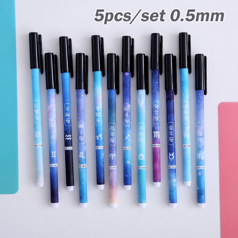 5pcs / Set Pulpen Gel 0.5mm Motif Rasi Bintang Untuk Stationery Sekolah / Kantor