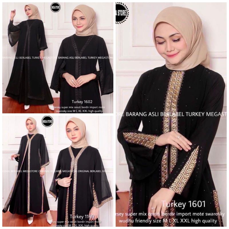 GAMIS ABAYA TURKEY 1199 1601 1602 TURKI ARABIAN BORDIR MOTE SWAROVSKI ASLI MEWAH GAMIS JUMBO ORI MEG