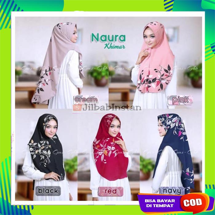 Jilbab/Hijab/Kerudung Langsung Instan/Instant Syari Ped Antem Motif Daun Soft Pet Tipis/Naura