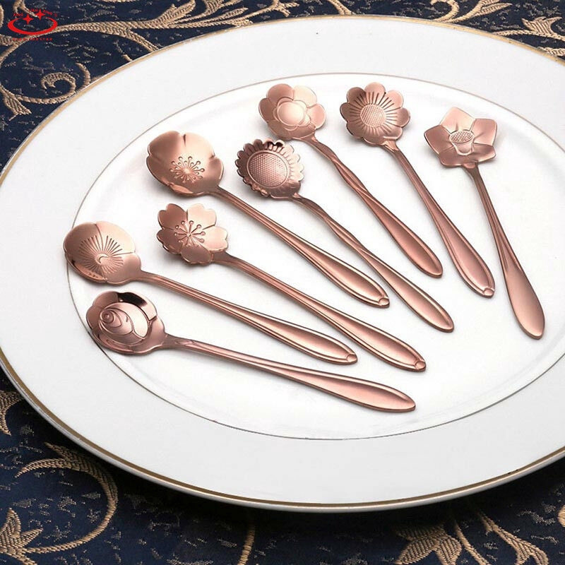 8pcs / set Sendok Kopi / Teh / Es Krim / Sup / Dessert Bentuk Bunga Sakura Bahan Stainless Steel