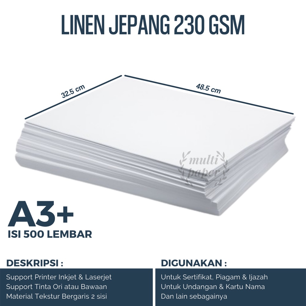 

Kertas Linen A3 Plus 230 gsm isi 500 lembar / Kertas Linen Jepang A3 Plus / Kertas A3 Plus Linen Jepang