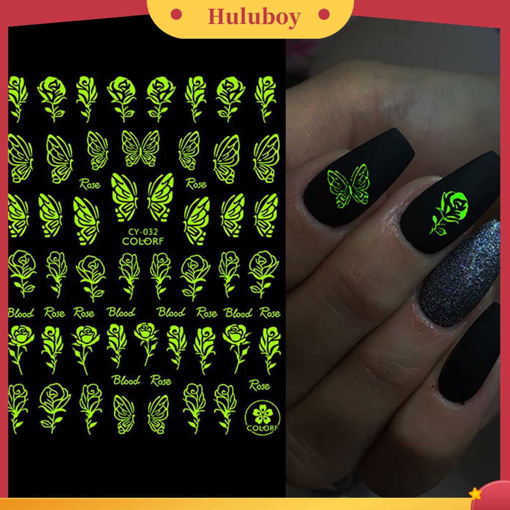 Huluboy Huluboy♡ 1 Lembar Stiker Kuku 3D Luminous Glow In The Dark Untuk Manicure