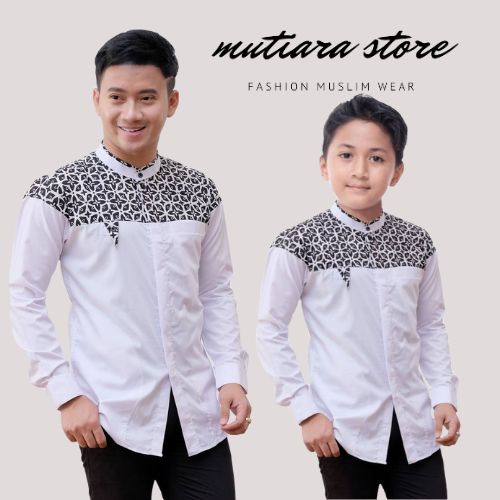 Baju Koko Couple Ayah Dan Anak Lengan Panjang Motif Arjuna  | Baju Koko Dewasa Lengan Panjang Kombinasi batik | Baju Koko Anak Remaja Lengan Panjang