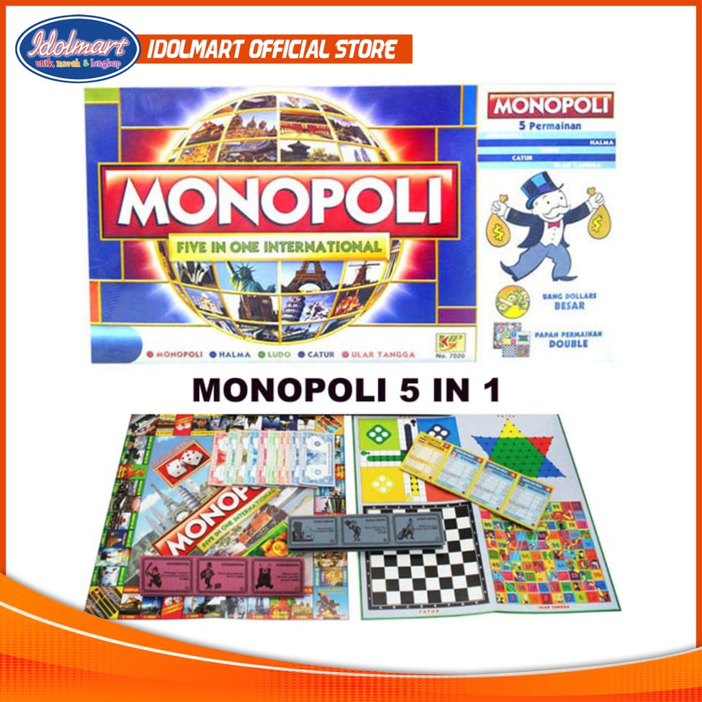 IDOLAKU Monopoly 5 In 1 Monopoli, Halma, Catur, Ular Tangga, Ludo Permainan Papan Monopoly