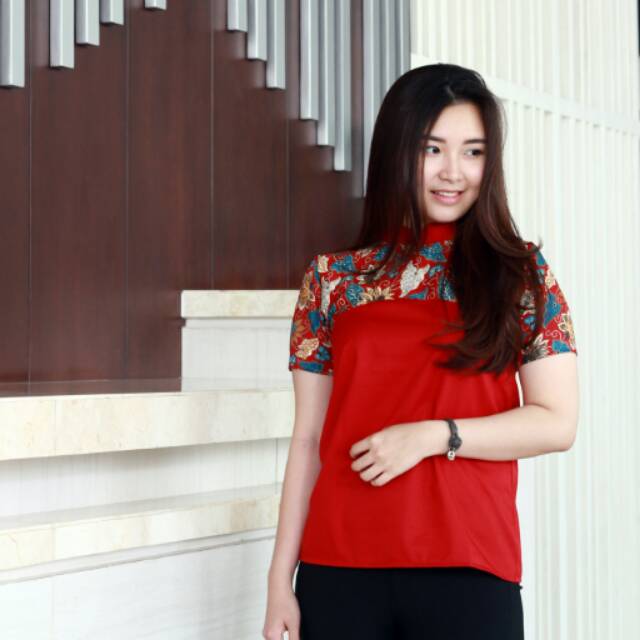 Blouse Batik Wanita Modern Merah M L XL XXL