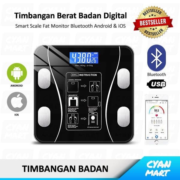 Timbangan Badan Digital Body Fat Scale Smart Weight App Bluetooth Android iOS