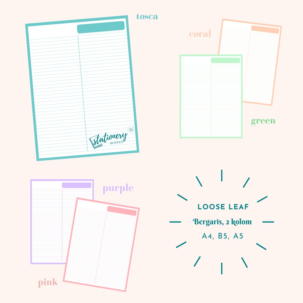 

Loose Leaf Bergaris A4 B5 A5 - Pastel Berwarna - Garis 2 kolom - refill binder