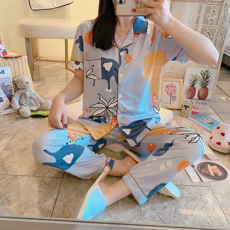 BAJU TIDUR PIYAMA SET KEMEJA CP LENGAN PENDEK CELANA PANJANG IMPORT PREMIUM BANYAK MOTIF 3-ElephantLaut