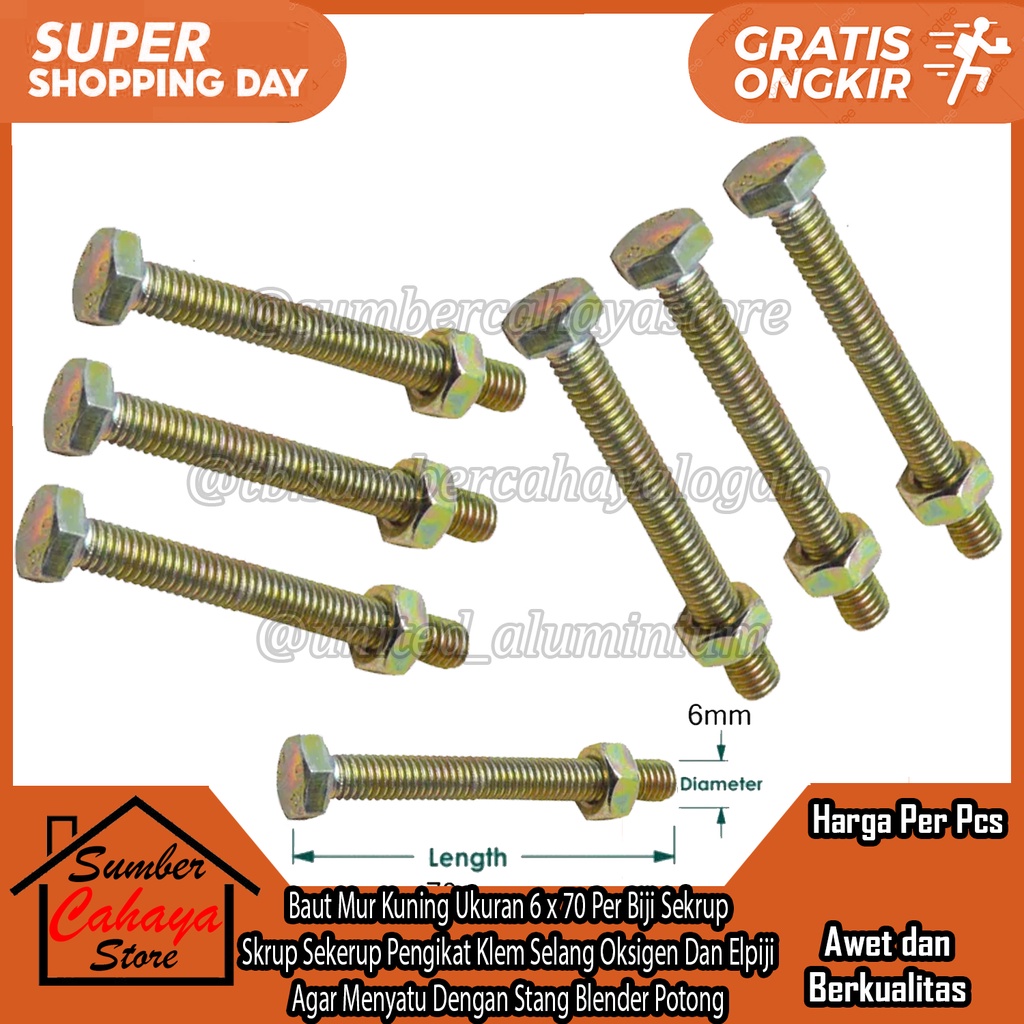 Baut Mur Kuning Ukuran 6 x 70 Per Biji Pcs Kunci 10 Sekrup Skrup Sekerup Pengikat Klem Selang Oksige