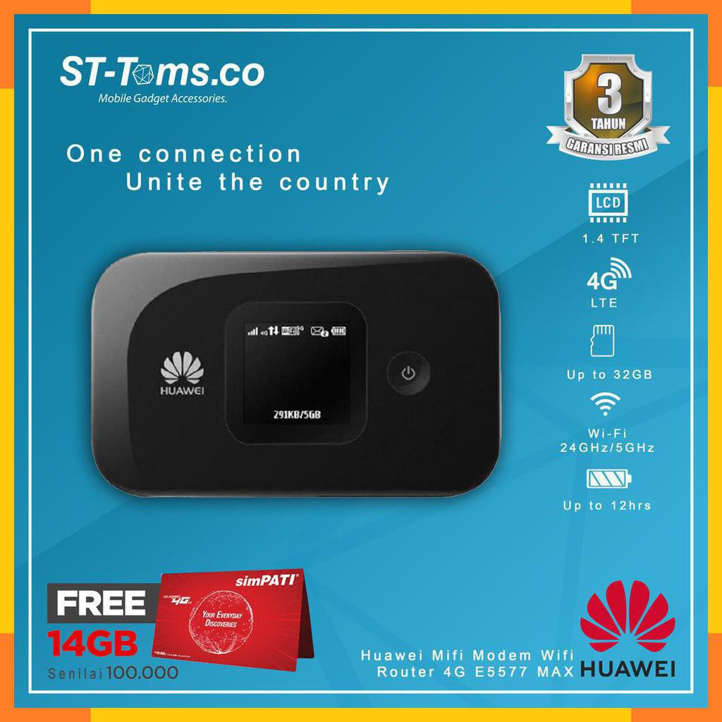 Huawei Mifi Modem Wifi Router 4G E5577 MAX Free Telkomsel 14Gb 2bln BK
