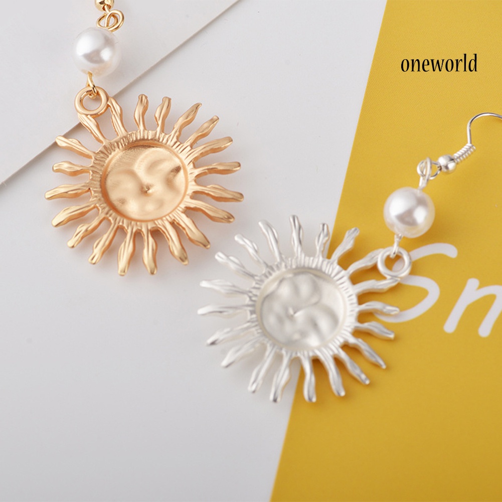 OW@ Women Fashion Sun Smiling Face Faux Pearl Drop Dangle Hook Earrings Jewelry