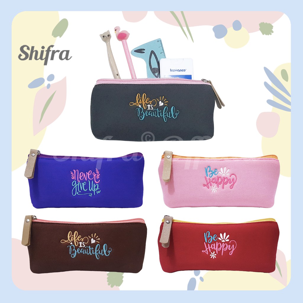 Shifra Tempat Pensil Nylon Busa Quote Red Blue Pink Grey Brown