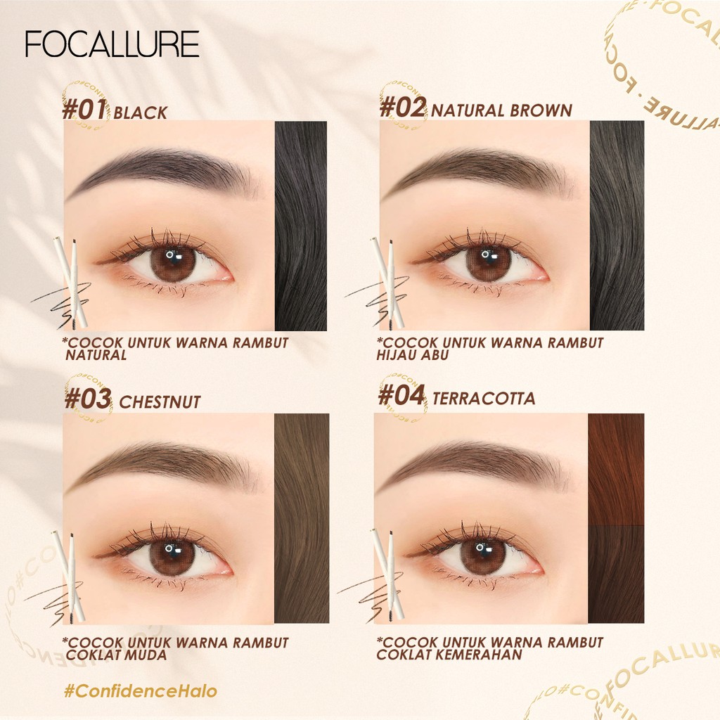 Focallure Tahan Air Sliding Eyebrow Pencil Pigmen tinggi Soft and Smooth Lasting Up to 12 Hours #ConfidenceHalo