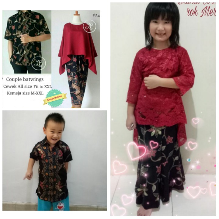 SB Collection Couple Family Era Stelan Kebaya Batwing Anak Rok Maxi Plisket Dan Kemeja Batik Ayah