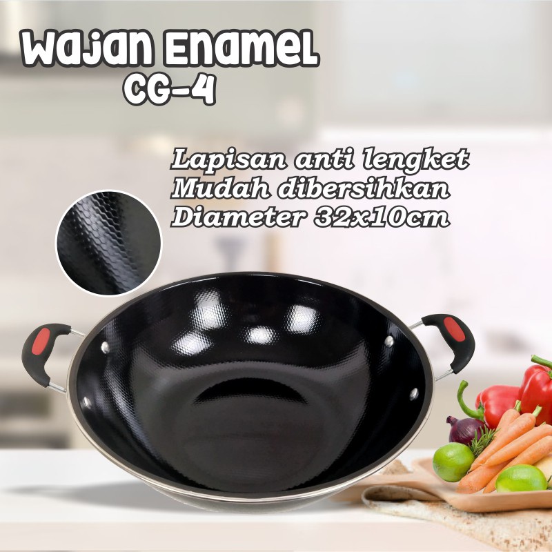 Panci Wajan Enamel Anti Gores Long Handle Double Ear /Panci Enamel Diameter 32 &amp; Kedalaman 11Cm