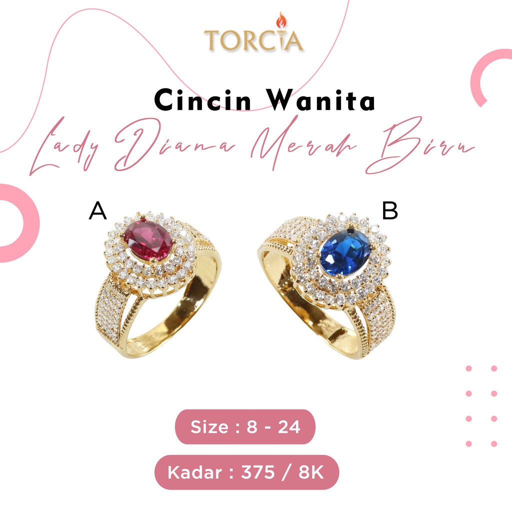 Cincin Wanita Emas Asli Lady Diana Merah Biru Kadar 375 Torcia