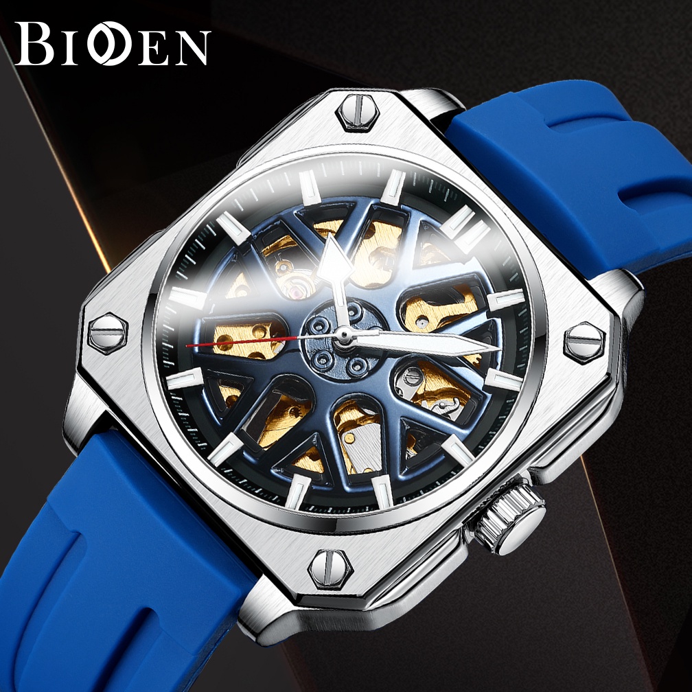BIDEN Jam Tangan Pria Mekanik Kedap Air Desain Dial Persegi Mewah Kasual Jam Tangan
