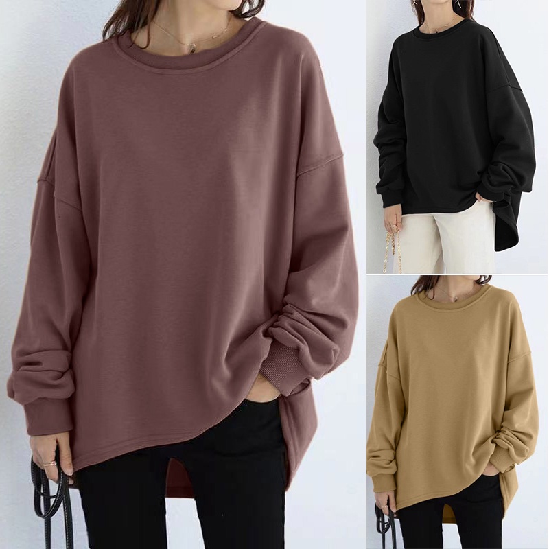 ZANZEA Womens Long Sleeve Loose Casual Sweatshirt Pullover Plain High Low Sweater Shirt