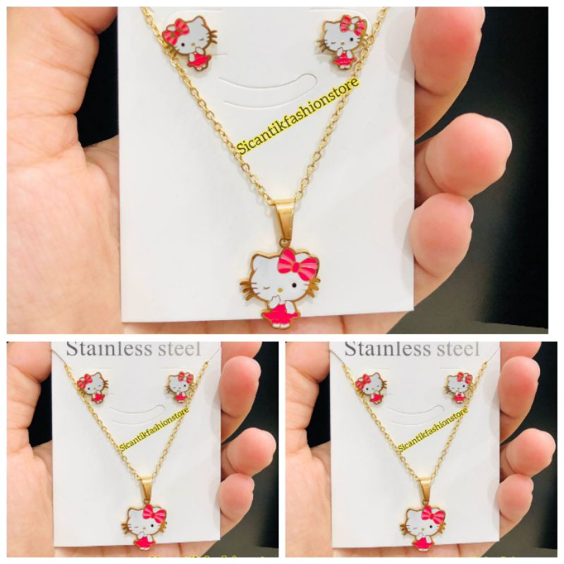 Perhiasan Set Anak Anak Hello Kitty Pink Anting Kalung Terbaru Terlaris Anti Karat Tidak Luntur Kalung Hello Kitty Pink Anting