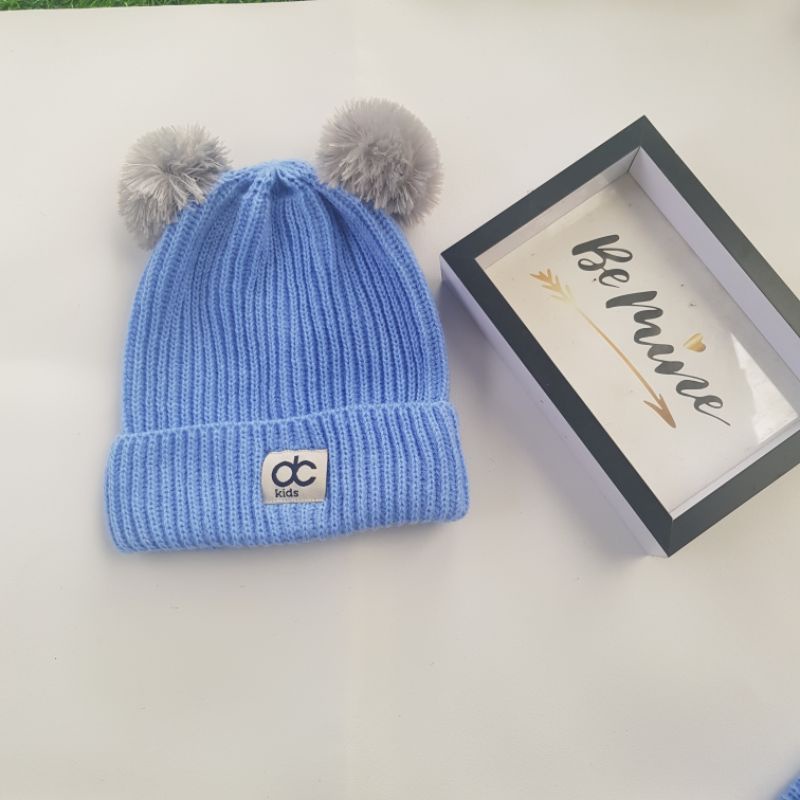 Topi Rajut Anak Pompom Kupluk Rajut Anak Bayi Pompom-Biru sma