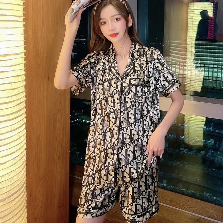 Lovera Baju Tidur Wanita Dewasa Model Kemeja Bahan Satin HP Lengan Pendek Celana Pendek Import High Quality Sleepwear-DOR Hitam Gold