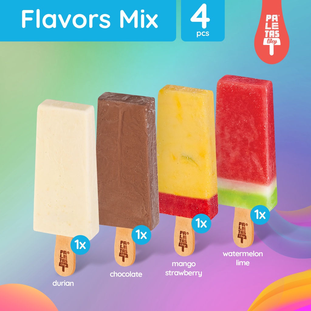 

Es Krim Paletas Wey 1 Durian, 1 Chocolate, 1 Mango Strawberry & 1 Watermelon Lime