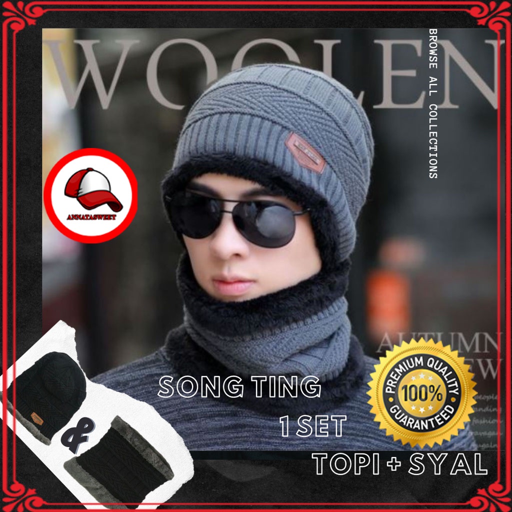 Topi Kupluk Pria Wanita Song Ting Dan Syal Tebal Kupluk Pria Beanie Hat Topi Musim Dingin Syal Rajut