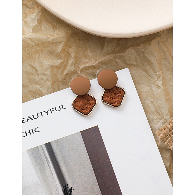 LRC Anting Tusuk Fashion Brown 925 Silver Needle Woven Texture Square Stud Earrings D55263