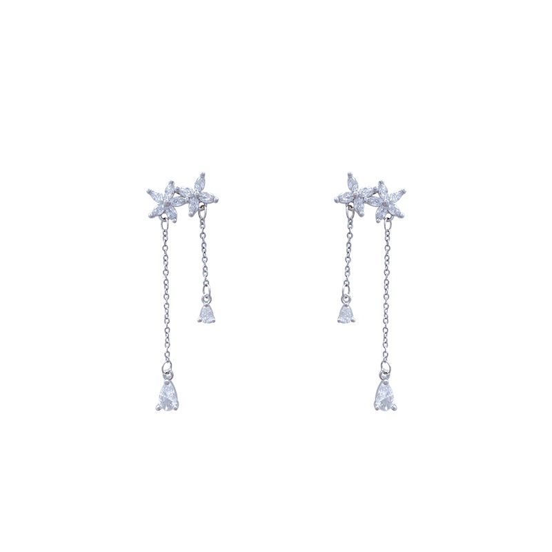 Anting Silver needle 925 Bentuk Bunga Rumbai Bahan Zirkon