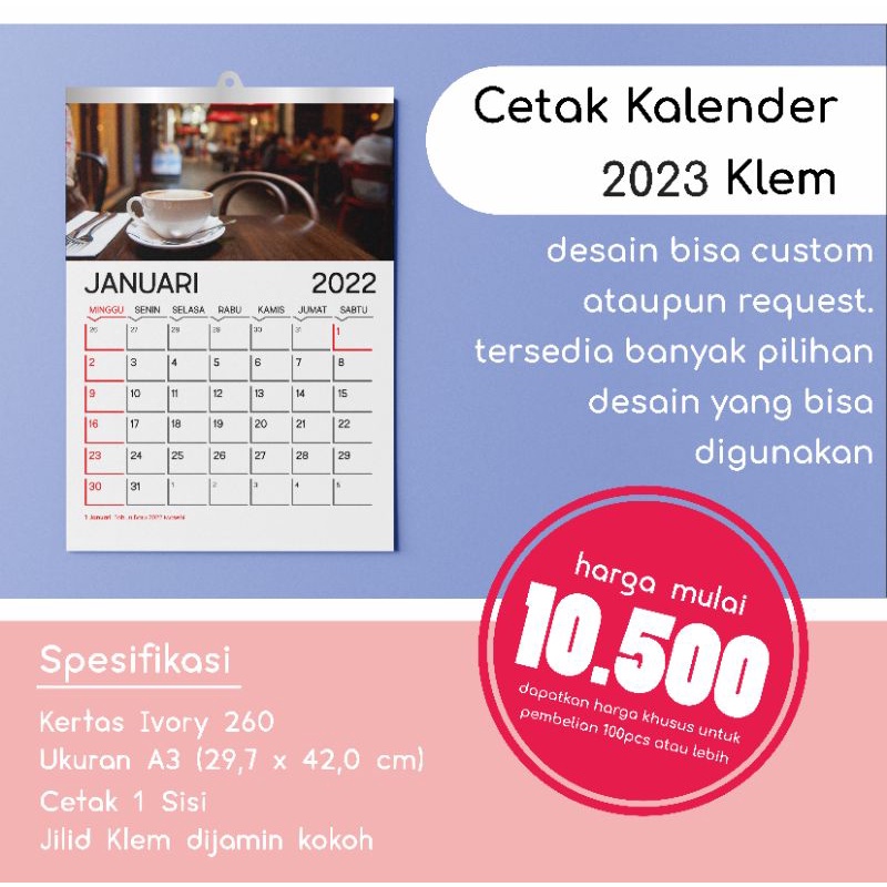 

Kalender Dinding 2023 Klem A3+ Bisa Satuan Custom Desain Kertas Tebal (Ivory 260)