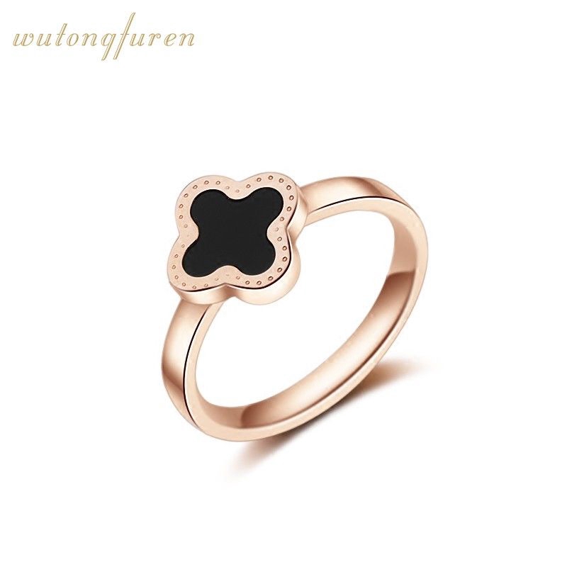 Cincin Dewasa Titanium Bunga  Cincin Desain Daun Semanggi Bahan Titanium Warna Hitam Dan Rose Gold 18k Untuk Wanita