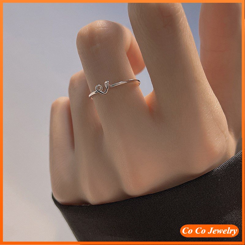 Cincin Model Terbuka Adjustable Desain Hati Hollow Bahan S925 Silver Untuk Wanita