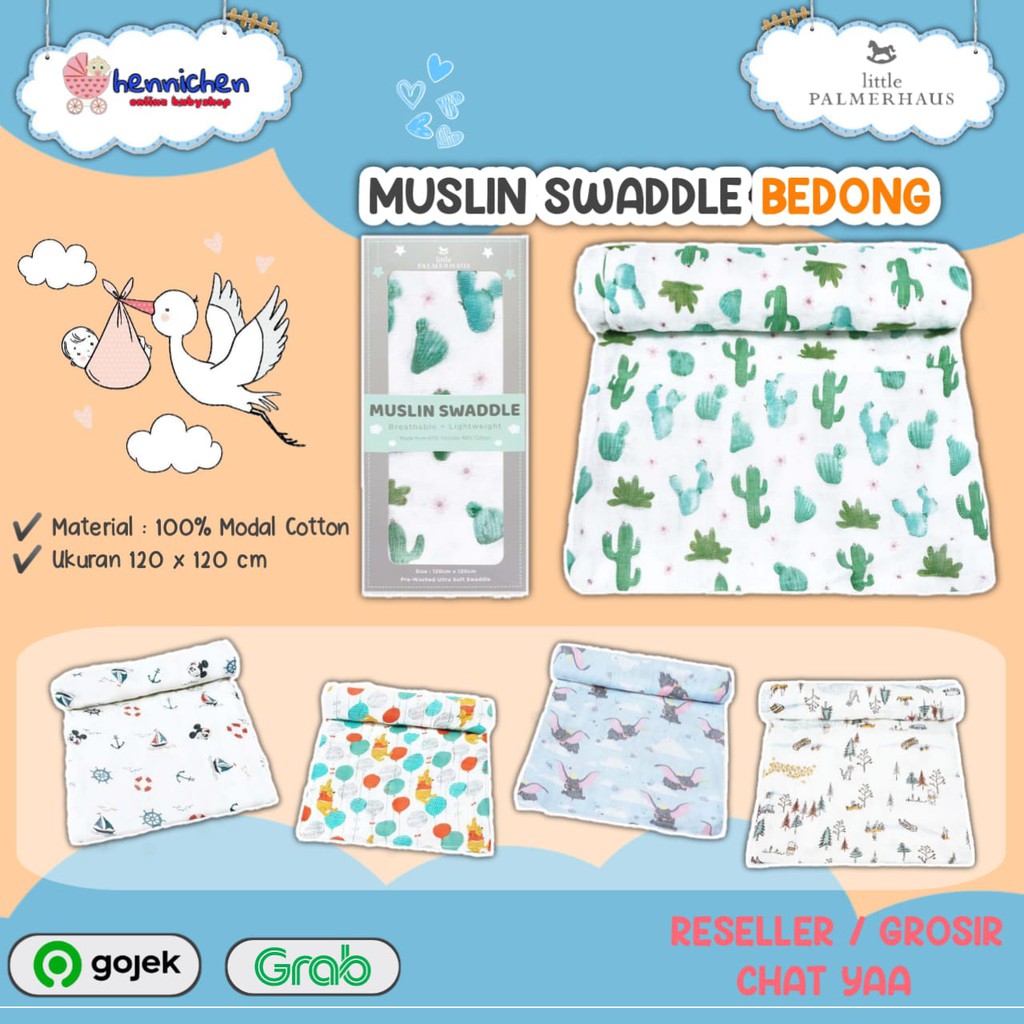 1 Pcs MUSLIN SWADDLE BEDONG  Little Palmerhaus bahan sangat halus by little terry selimut anak bedon