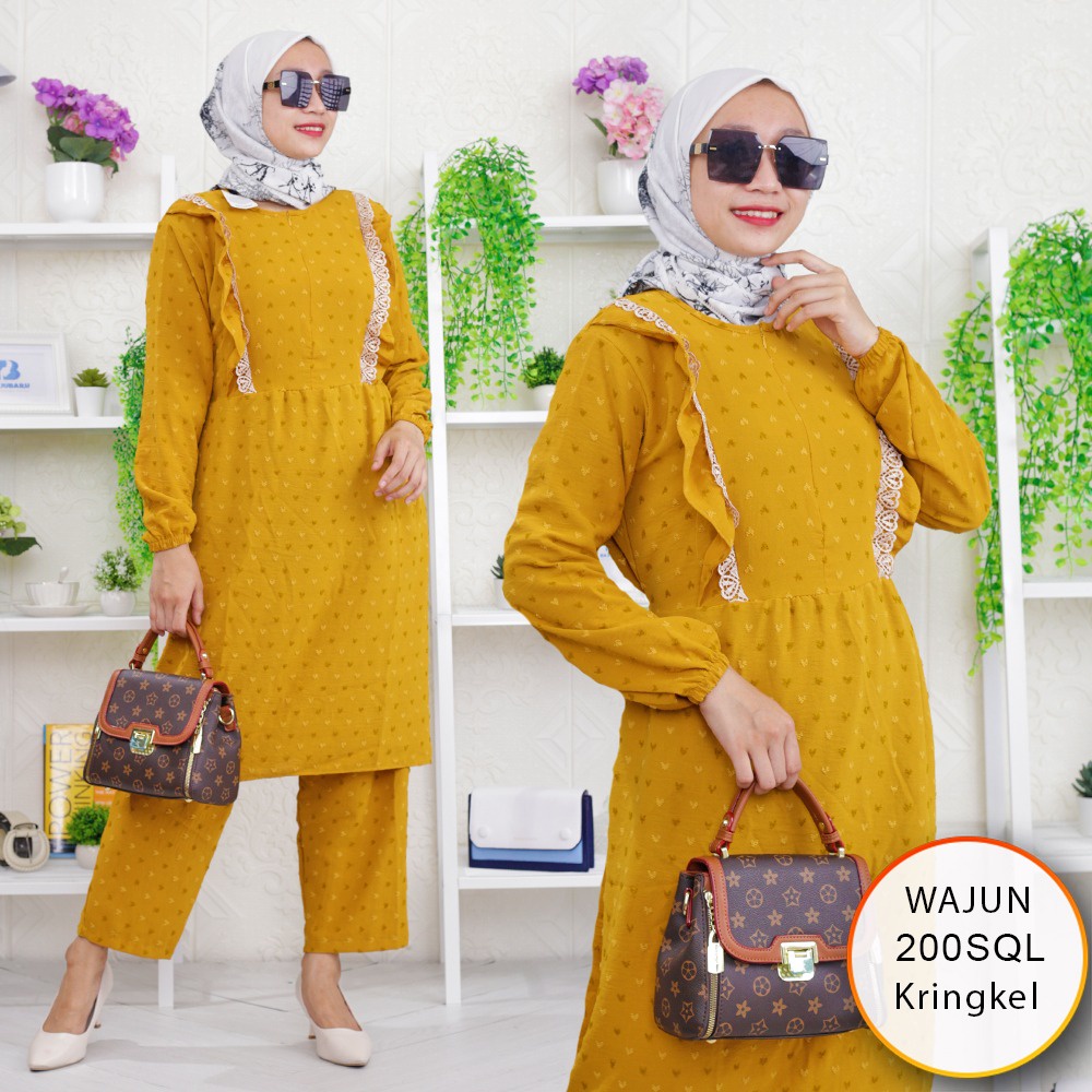 One Set Tunik Ruby Kringkel Busui Sleting Variasi Ruffle Renda Depan Wajun