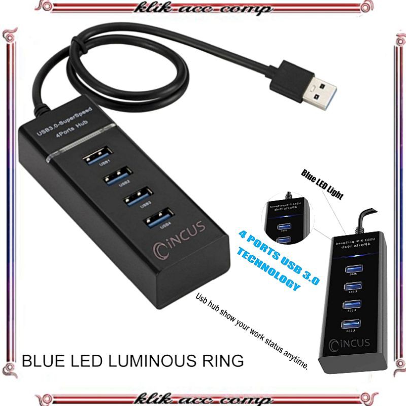 USB Hub 4 Port Ver 3.0 With BLue LED Super Speed 5gbps - 1.2m