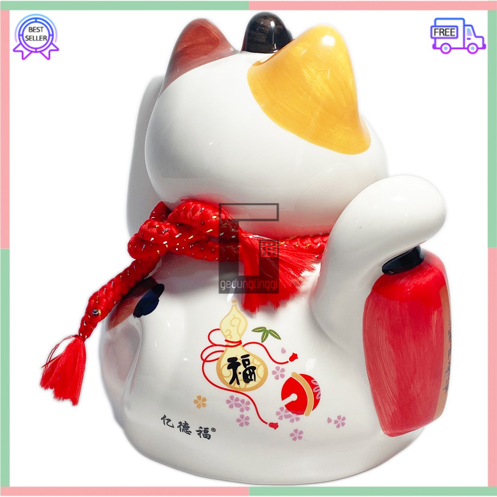 Pajangan Patung Hiasan Boneka Dekorasi Kucing Bawa Panggil Rejeki Rezeki Hoki Maneki Neko Maneko Neki ManekiNeko Lucky Cat Keberuntungan Keramik Putih Baterai Batrai Batre Listrik Tangan Goyang Gerak Meja Etalase Toko Resto Cafe Cina China Jepang Jumbo XL