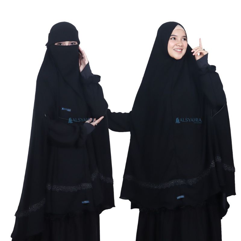 Set Khimar Syari Handzipper Altaj Size XXL Niqab Poni Jetblack Alsyahra Exclusive