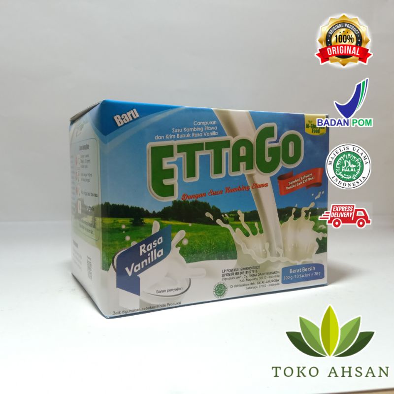 

Susu Kambing Etawa ETTAGO Al-Ghuroba' Sachet 20gr 10 Sachet | Vanila | Cokelat| Original | Kolostrum