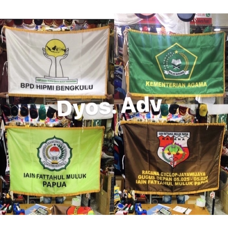 Bendera pataka printing bolak balik rumbai emas