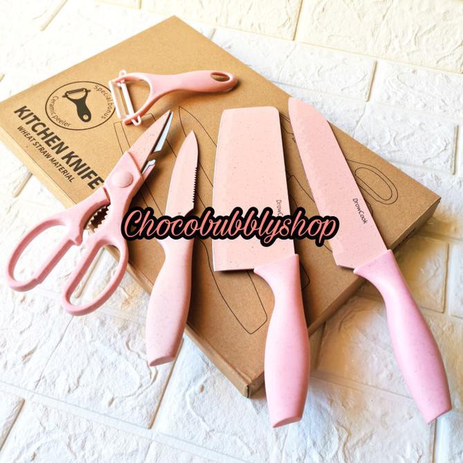 Kitchen Knife Pisau Set 5pcs Dapur Knife Set Gunting Dapur Peeler PINK