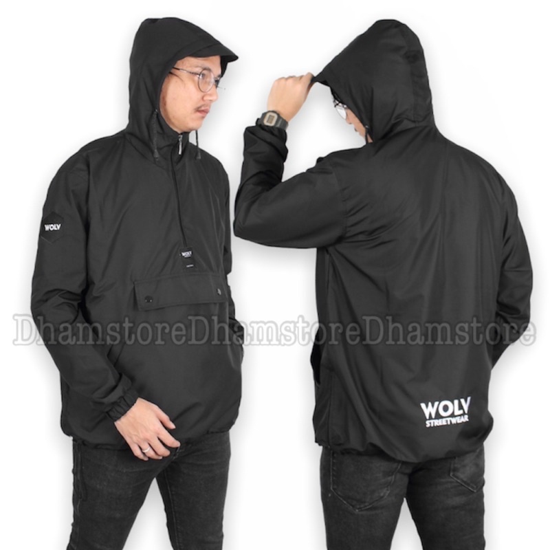 ORIGINAL WOLV Jaket Cougle Jaket Windbreakers Hitam Jaket Saku Tengah