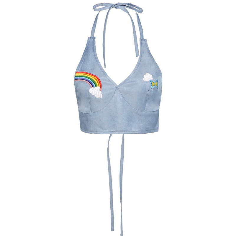 #Sisjuly#Ghost girl rainbow patch merencanakan V-neck halter denim sling wanita cantik kembali T-shi