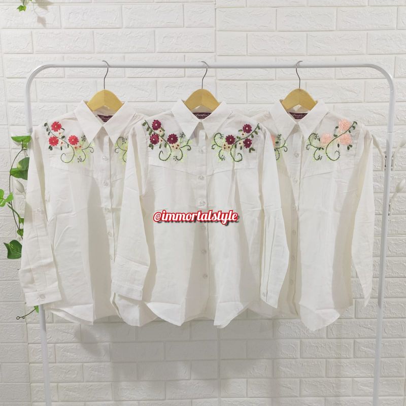 KEMEJA BORDIR BUNGA FASHION CEWEK KATUN PUTIH BORDIRAN IMPORT BKK FASHION WANITA BORDIR KOMPUTER SUL