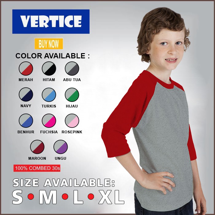 Vertice Kaos Polos Raglan Anak. Kaos Raglan Polos Anak Laki-Laki Lengan 3/4 - Abu Misty Tangan Warna