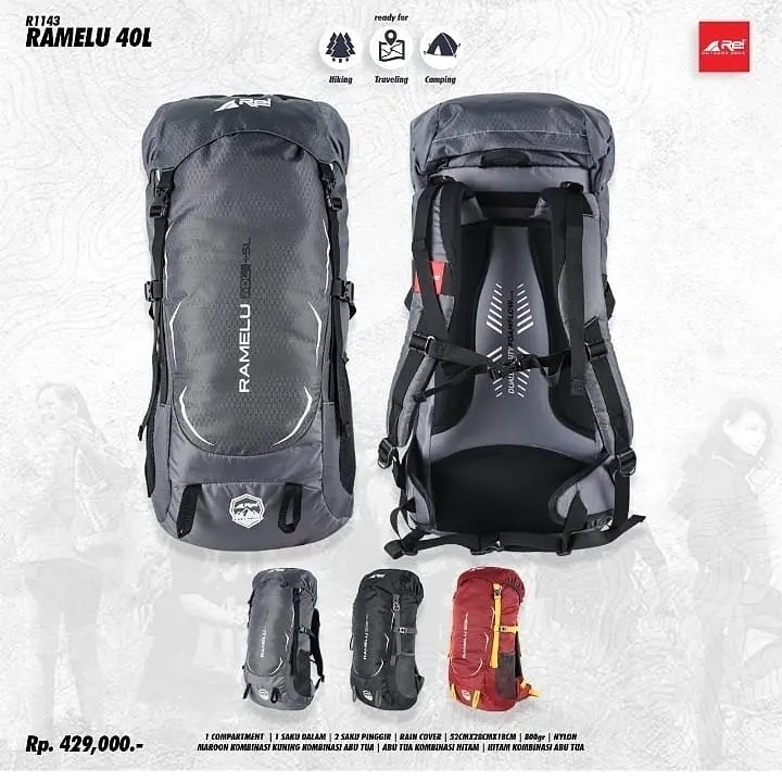 TAS CARRIER AREI RAMELU 40+5L TAS GUNUNG 40L 45L ORIGINAL BONUS RAIN COVER