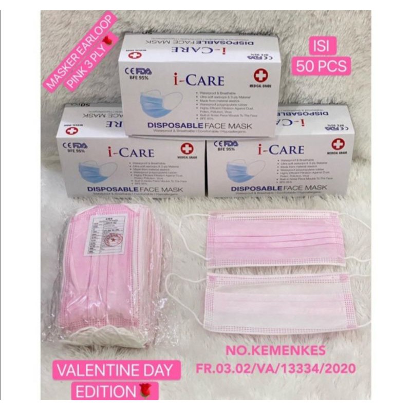 Masker Medis Pink Red 3 ply isi 50 pcs